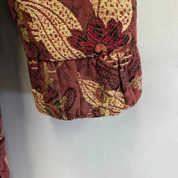 CAbi burgundy Jacobean burgundy floral jacquard tapestry long jacket Size 14